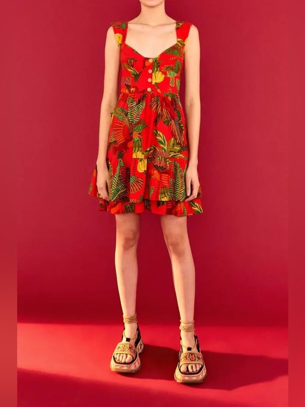 Farm Rio Red Forest Birds Mini Dress Size Medium